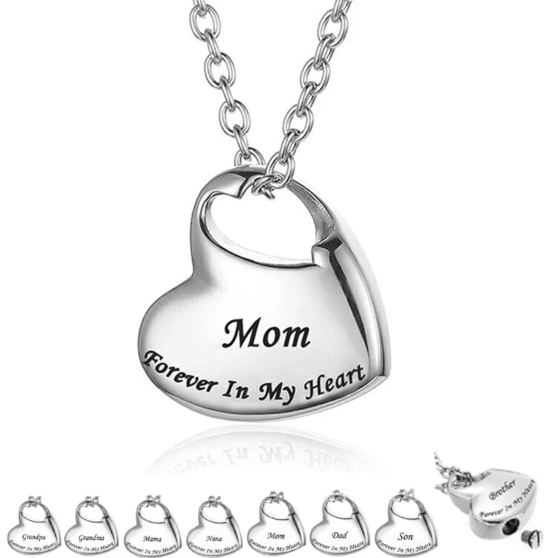 Cremation Urn Necklace for Ashes Urn Jewelry,Forever in My Heart Carved Keepsake Waterproof Memorial Pendant for mom dad Grandma