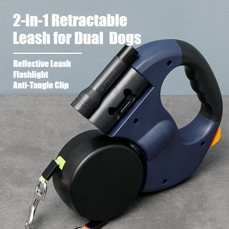 2-in-1 Retractable Dog Harness for Dual Dogs – Reflective Leash Dog Accessories with Built-in Flashlight & Anti-Tangle Clip