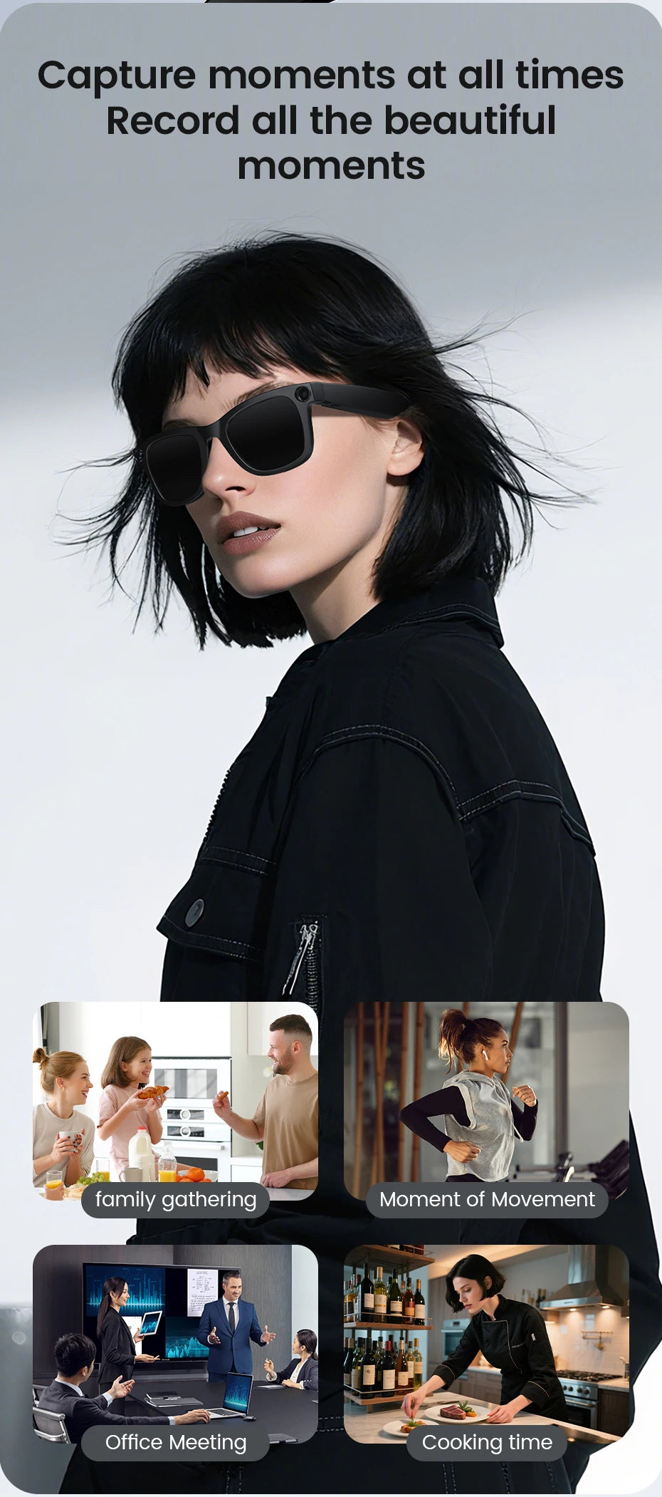 AI Translate Smart Glasses 131mm for Small Face Men Women 8MP Camera 1080P Video Shooting Photo Recognition BT Call Sunglasses