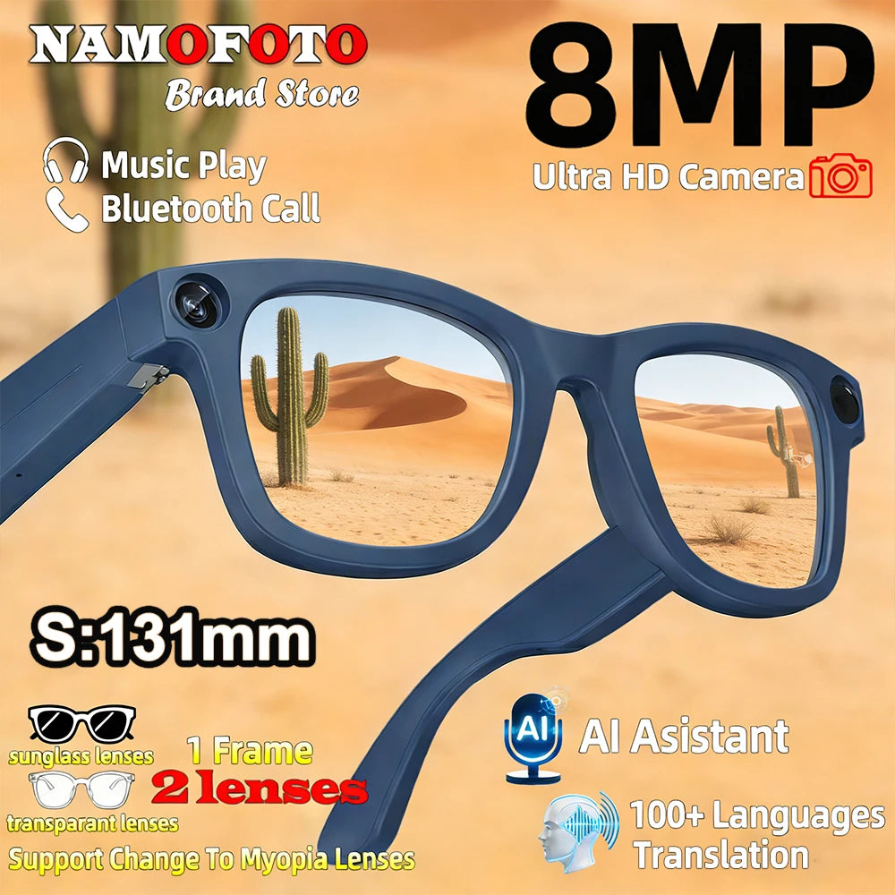 AI Translate Smart Glasses 131mm for Small Face Men Women 8MP Camera 1080P Video Shooting Photo Recognition BT Call Sunglasses