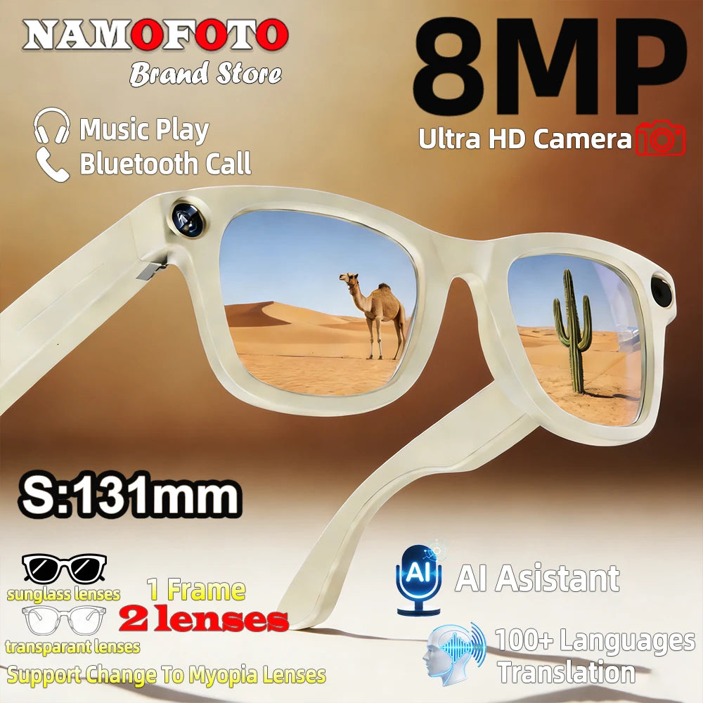 AI Translate Smart Glasses 131mm for Small Face Men Women 8MP Camera 1080P Video Shooting Photo Recognition BT Call Sunglasses