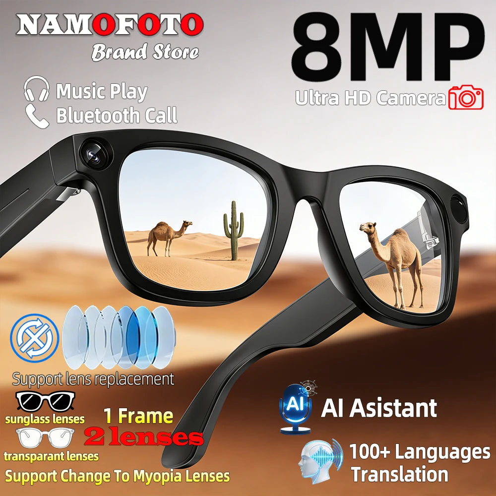 AI Translate Smart Glasses 131mm for Small Face Men Women 8MP Camera 1080P Video Shooting Photo Recognition BT Call Sunglasses