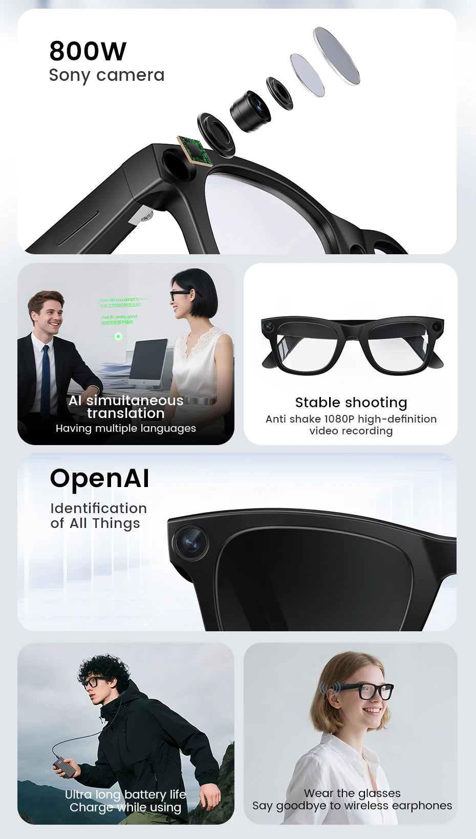 AI Translate Smart Glasses 131mm for Small Face Men Women 8MP Camera 1080P Video Shooting Photo Recognition BT Call Sunglasses