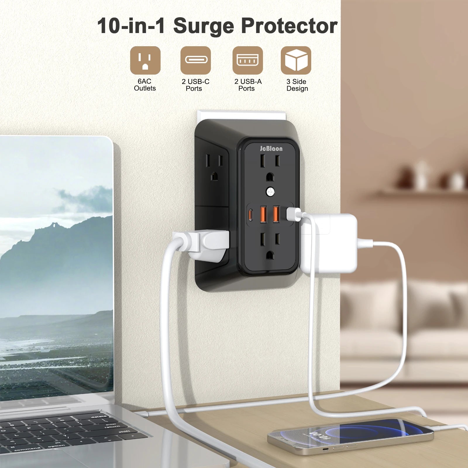 US Plug Power Strip Multiple 6 AC Outlets 2 USB 2 Type C Port Charge Electrical Socket Network