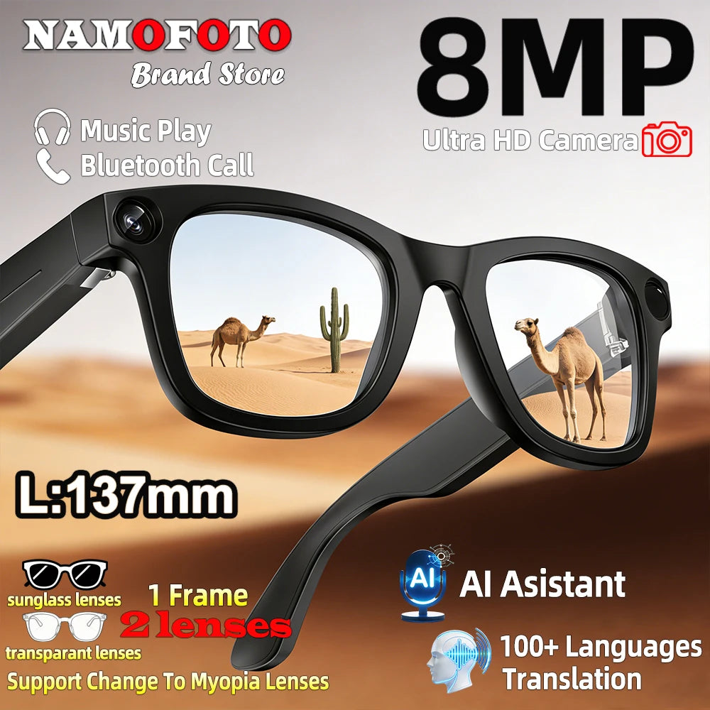 AI Translate Smart Glasses 131mm for Small Face Men Women 8MP Camera 1080P Video Shooting Photo Recognition BT Call Sunglasses